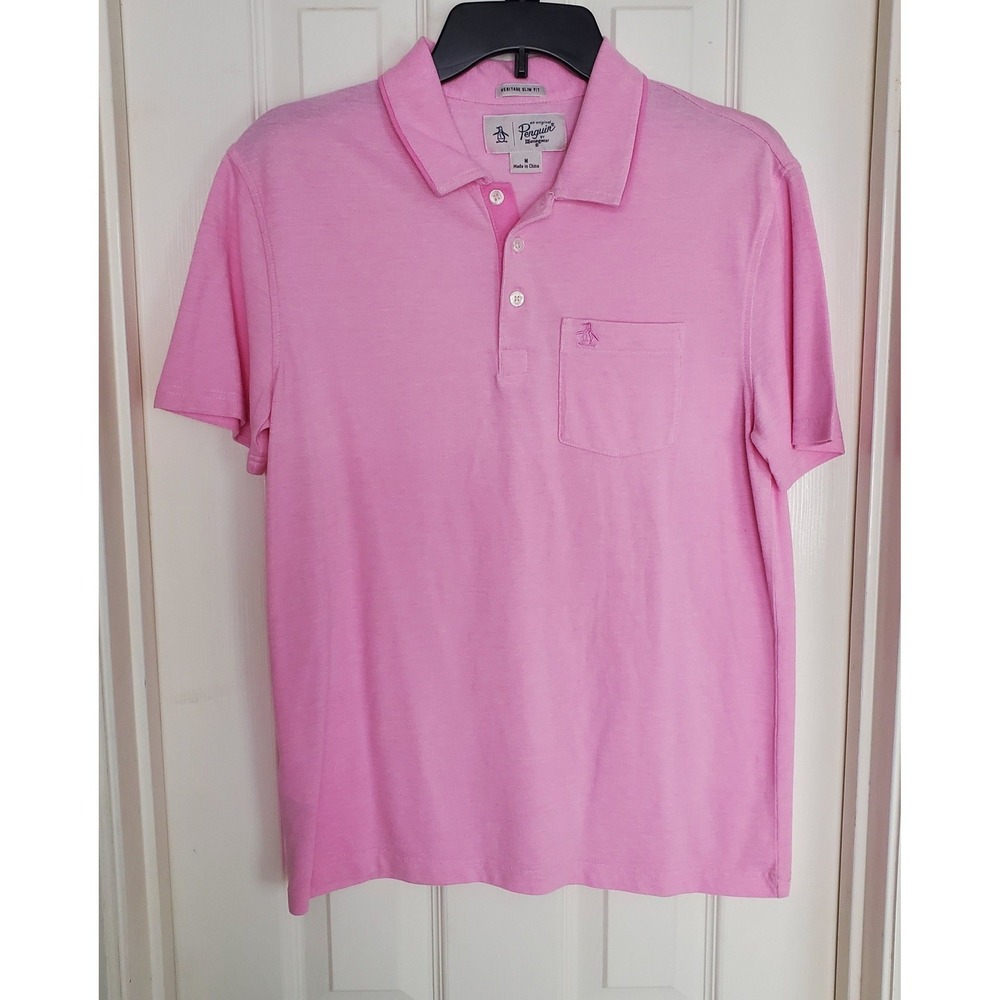 Penguin Heritage Slim Fit Pique Men Pink Polo Shirt Short Sleeve Pocket Casual M